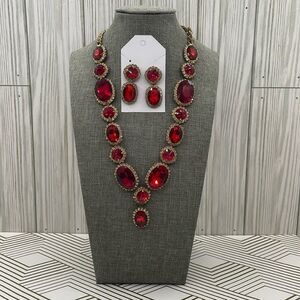 Red - Gem Stone Drop Pendant Necklace Set